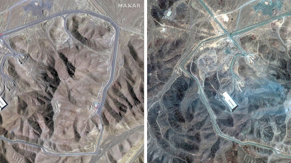 Auf einer Satellitenaufnahme der Atomanlage Fordo sind (rechts) die vermutlichen Einschlaglöcher der US-Bomben zu erkennen. Foto: Uncredited/Maxar Technologies via AP/dpa