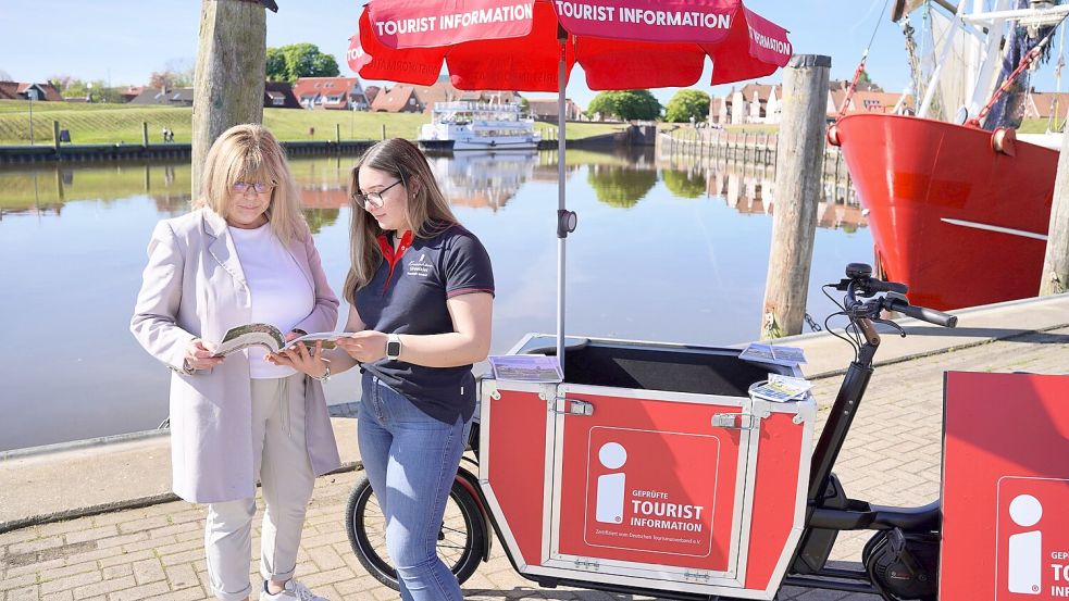 Sind mit ihrem Lastenrad dort, wo die Touristen sind: Ursula Jacobsen als Leitung Tourist Information (links) und die Auszubildende Rebecca Maier. Hier am Hafen. Foto: Touristik GmbH Krummhörn-Greetsiel