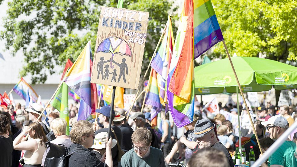 Protest gegen den „Kinderschutzkongress“ der AfD-Fraktion im niedersächsischen Landtag. Foto: dpa/ Michael Matthey