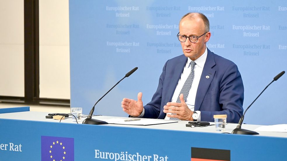 Kanzler Friedrich Merz sieht durch die US-Zölle deutsche Unternehmen in Gefahr. Foto: Ansgar Haase/dpa