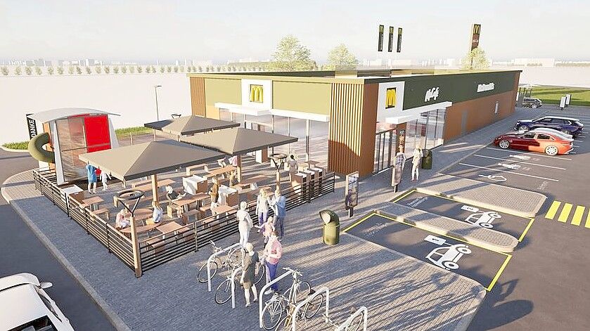 Wird im Spätherbst eröffnet: Das neue McDonald’s-Restaurant in Löningen existiert bislang nur in Projektzeichnungen wie oben. Im Spätherbst wird der neue Standort an den Start gehen. Grafik: McDonald’s/Timme