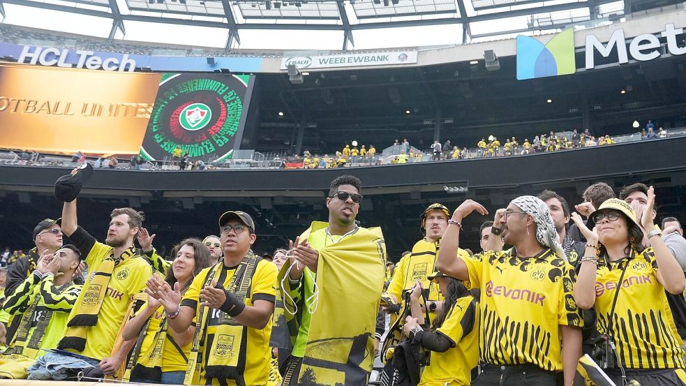 Die BVB-Fangruppe ist bei der WM amerikanisch geprägt. Foto: Frank Franklin II/AP/dpa