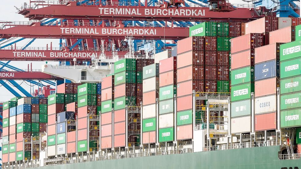 ARCHIV - 12.08.2021, Hamburg: Ein Containerschiff liegt am Burchardkai. (zu dpa: «Exportverband lobt EU in Zollstreit mit den USA») Foto: Markus Scholz/dpa +++ dpa-Bildfunk +++ Foto: Markus Scholz