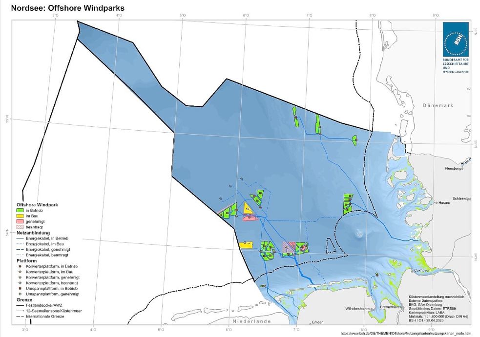 Die deutsche Ausschließliche Wirtschaftszone (AWZ) der Nordsee mit ihren Offshore-Windparks. Die unterbrochene Linie markiert die 12-Meilen-Grenze. Grafik: BSH