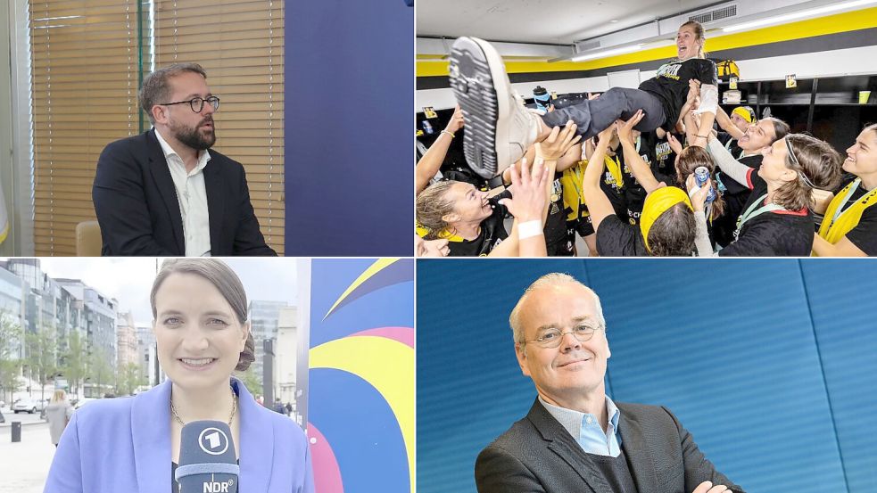 Paul Ronzheimer (oben, links), Imke Wübbenhorst (oben rechts), Mareike Aden (unten links) und Thomas Hinrichs (unten rechts) sind einige der bekannten Auricher Stimmen. Fotos: Georgios Moutafis, privat, privat, Angelika Warmuth/dpa