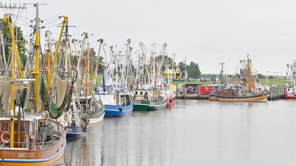 Die Greetsieler Krabbenkutter im Hafen. Foto: Heinz Wagenaar