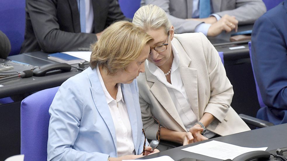 Beatrix von Storch im Gespräch mit Parteichefin Alice Weidel im Bundestag. Foto: IMAGO/Future Image
