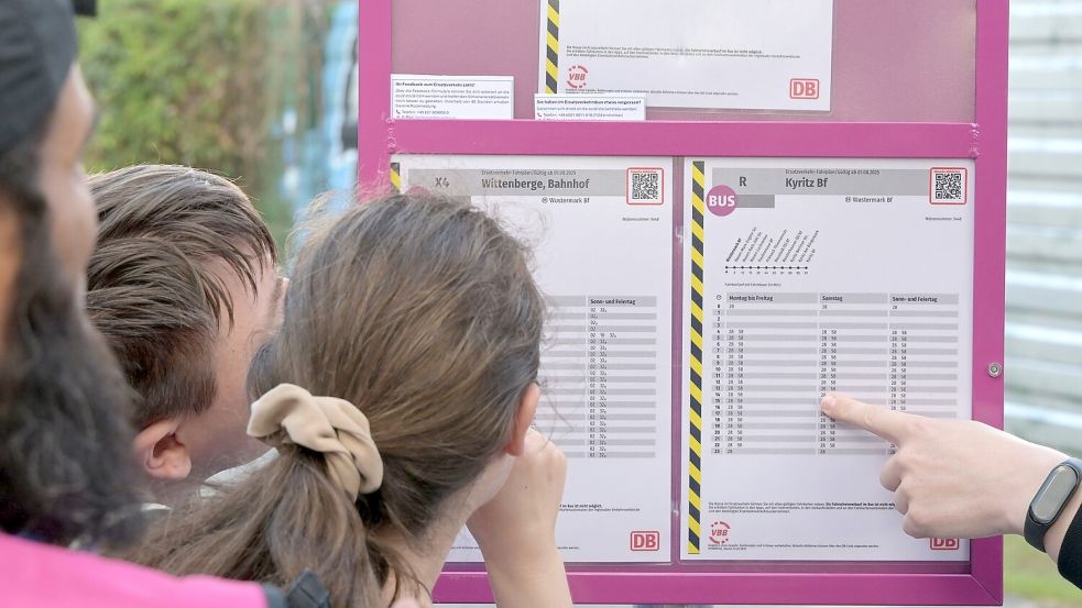 Fahrgäste informieren sich über die Abfahrtszeiten der Ersatzbusse. Foto: Michael Bahlo/dpa