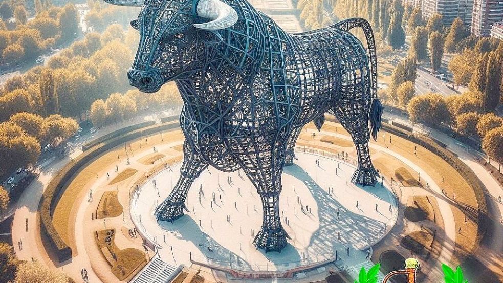 Die von der Spanischen Akademie für Stierkampf erstellte Visualisierung zeigt eine geplante Stierskulptur aus Metall. Spanien plant ein Bauwerk von gigantischem Ausmaß. Foto: dpa/Academia de Tauromaquia