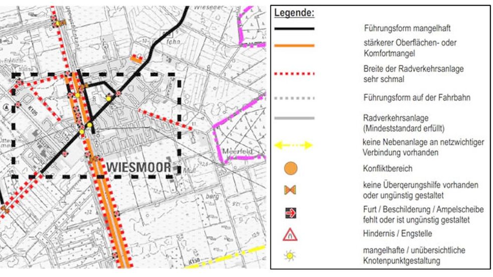 Ausschnitt aus der Abbildung 30 im Radverkehrskonzept Wiesmoor. Grafik/Quelle: Stadt Wiesmoor/Ingenieurbüro Roelcke & Schwerdhelm
