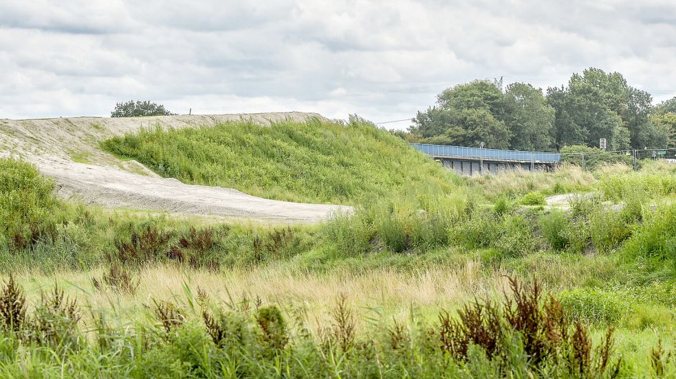 Der große Sandhaufen, der bereits für den Neubau der Ledabrücke aufgeschüttet wurde, ist schon von Grün bewachsen. Im Hintergrund ist das marode alte Bauwerk zu sehen. Foto: Klaus Ortgies