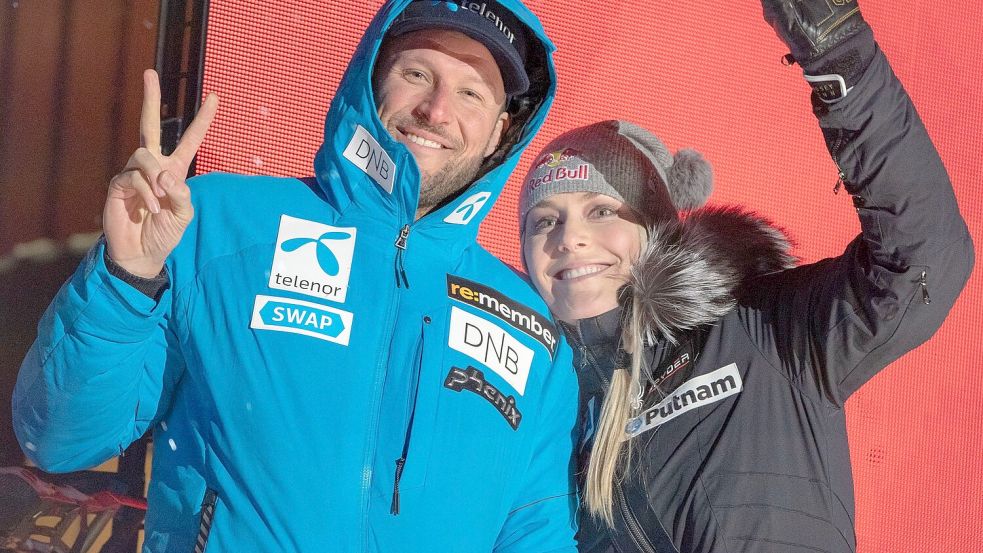 Aksel Lund Svindal und Lindsey Vonn bei der alpinen Ski-WM 2019 in Schweden. Foto: Michael Kappeler/dpa