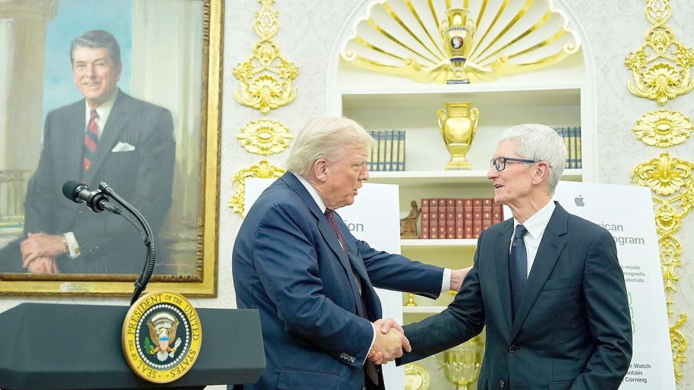 Apple-Chef Tim Cook brachte zusätzliche Investitionen von 100 Milliarden Dollar mit - und kann sich über eine Befreiung von Zöllen freuen. (Archivbild) Foto: Alex Brandon/AP/dpa