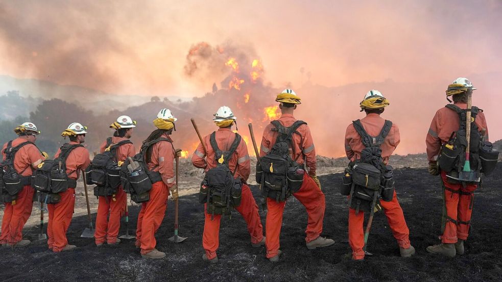 Feuerwehrleute kämpfen mit der Hitze und dem unwegsamen Gelände. Foto: Marcio Jose Sanchez/AP/dpa