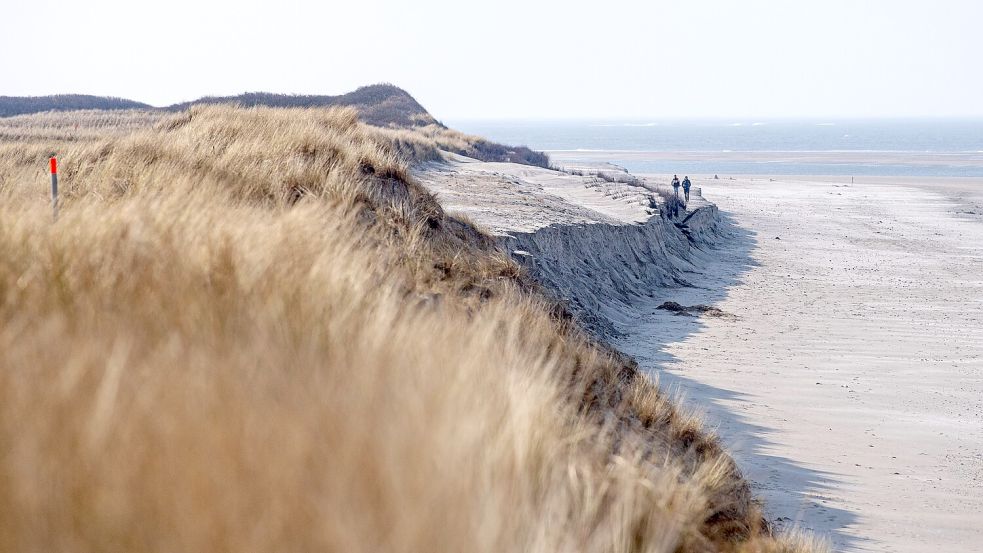 Langeoog: Spaziergänger laufen an der Abbruchkante am Strand entlang. Foto: Sina Schuldt/dpa