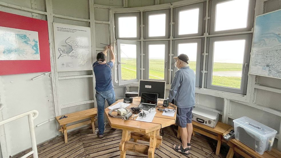 Die gute Verbindung kam nicht von ungefähr: Thomas Friedrichs aus Aurich (links) und Heiko Behrends aus Plaggenburg spannten dafür ein 40 Meter langes Antennenkabel. Foto: privat