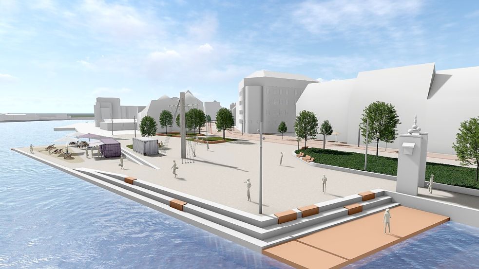 Der neue Hafentorplatz mit abgesenkter Spundwand. Grafik: Stadt Emden