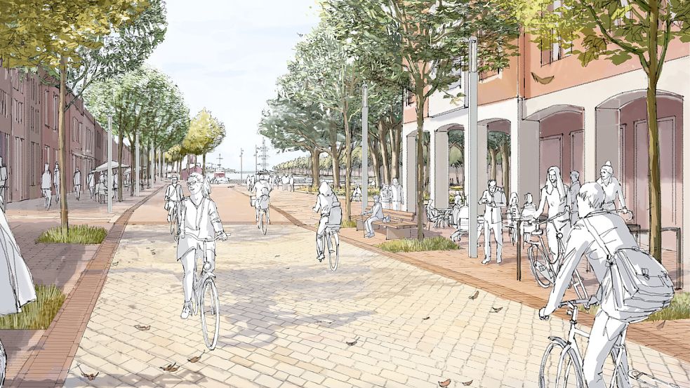 Natursteinpflaster, Klinkereinfassung und viel Platz für Radfahrende und Passanten: So soll die Neutorstraße bald aussehen. Grafiken: Stadt Emden