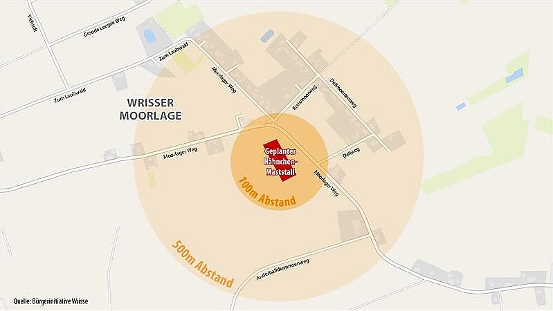 Lage und Einzugsgebiet des geplanten Hähnchenmaststalls im Wrisse in der Gemeinde Großefehn. Grafik: Kirsten Schüür