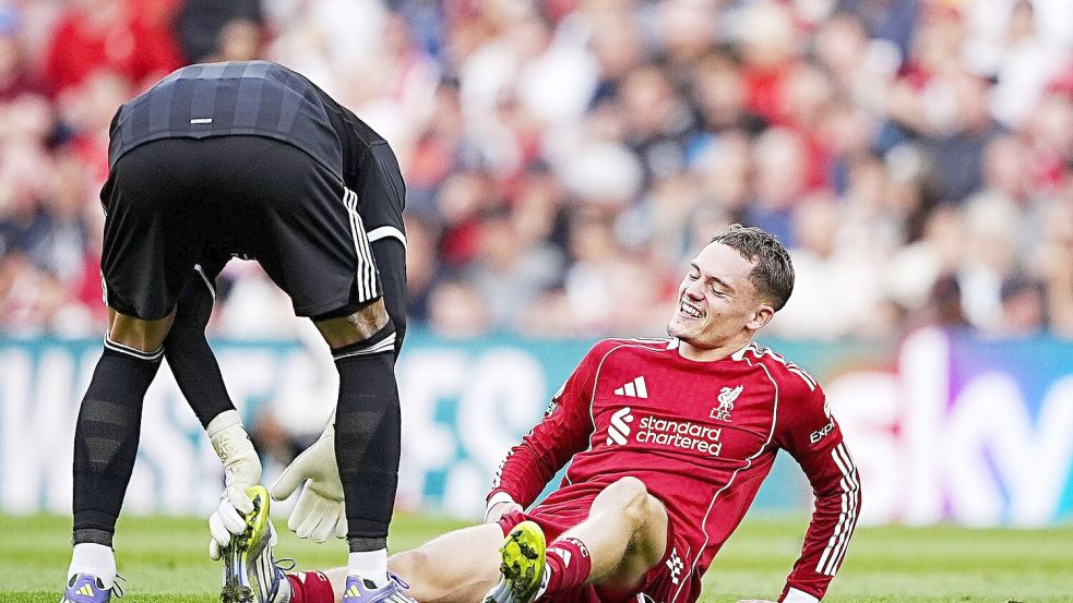 Florian Wirtz musste in Liverpool mit Schmerzen ausgewechselt werden. Foto: Peter Byrne/PA Wire/dpa