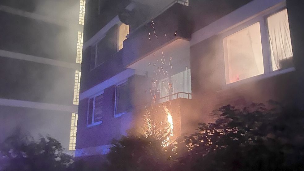 Die Flammen schlugen aus dem Kellerfenster und setzten einen Busch in Brand. Foto: Freiwillige Feuerwehr Norden