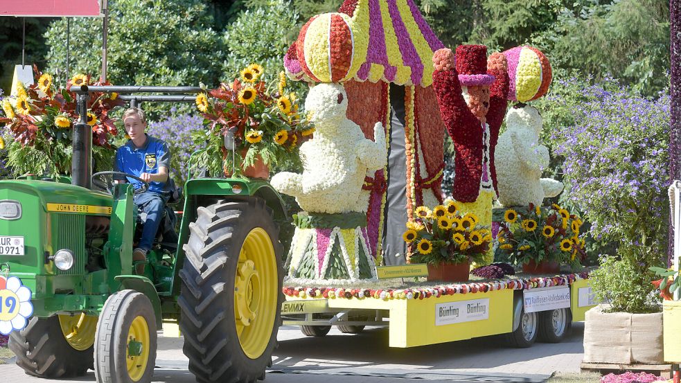 Bunt geschmückte Motivwagen sind am Sonntag in Wiesmoor unterwegs. Foto: Klaus Ortgies