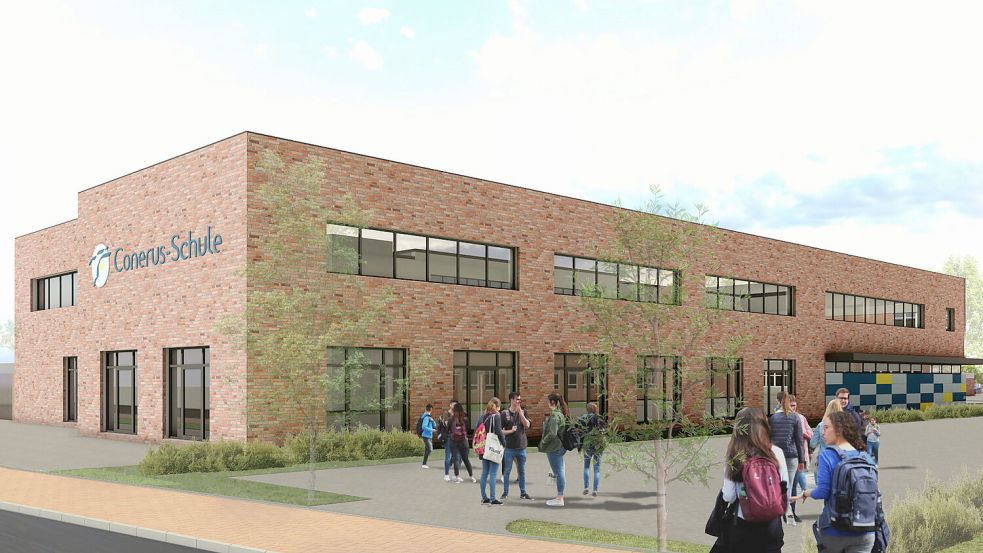 So soll das neue Ausbildungsgebäude der Conerus-Schule von der Schulstraße aus aussehen. Grafik: 3-Ing