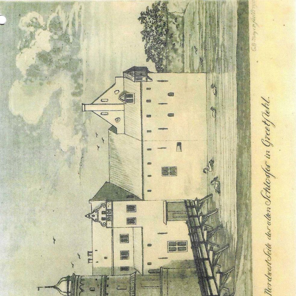 „Die Nordwestseite des alten Schlosses in Greetsiel“ steht auf dieser Skizze geschrieben. Die Burg war, wie es sich gehörte, von einem Wassergraben umgeben. Foto: privat
