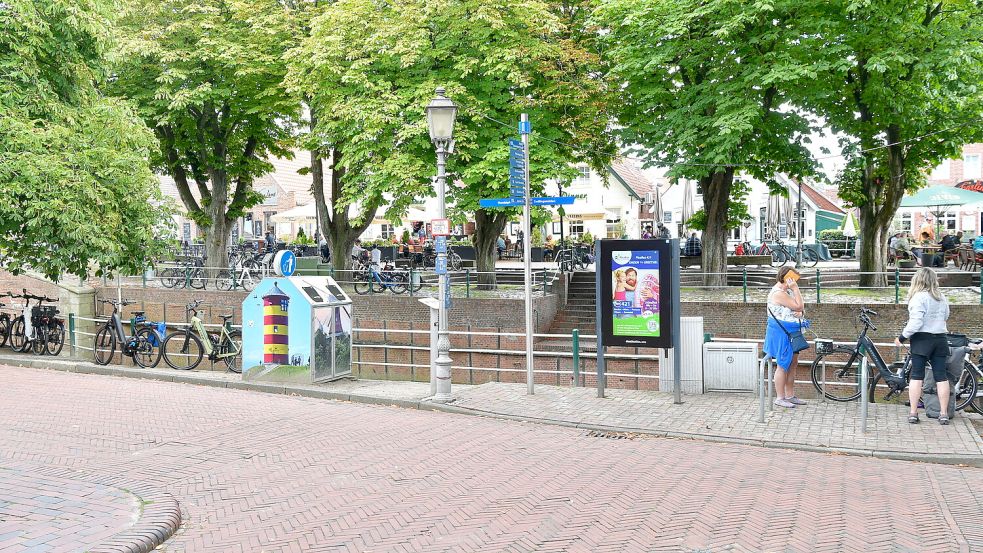 Blick vom Hohen Haus in der Sielstraße auf das Greetsieler Außentief. Hier, zwischen dem Otto-Turm-Mülleimer und der elektronischen Anzeigetafel, soll das Burgrelief stehen. Foto: Heinz Wagenaar