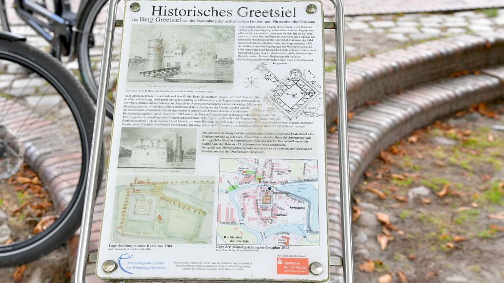Dieses Schild ist aktuell der einzige Hinweis auf die Burg in Greetsiel. Das soll sich bald ändern. Foto: Heinz Wagenaar