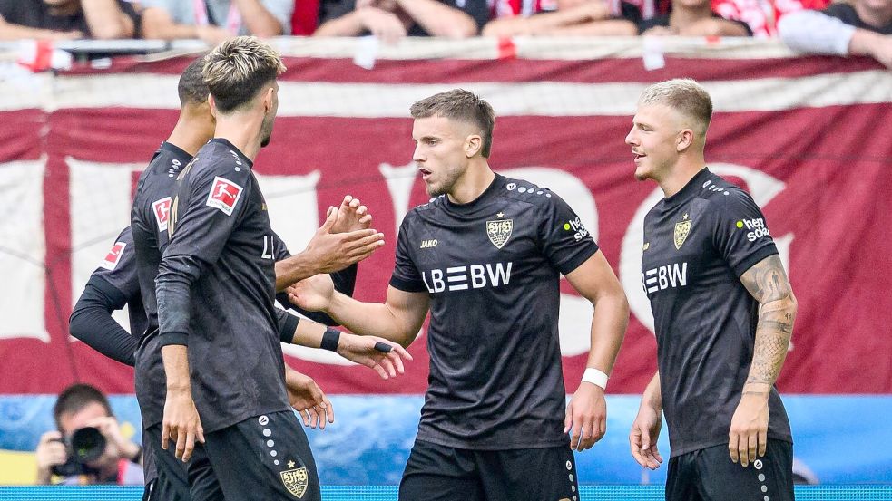Ermedin Demirovic lässt sich als Torschütze zum 1:0 des VfB feiern. Foto: Tom Weller