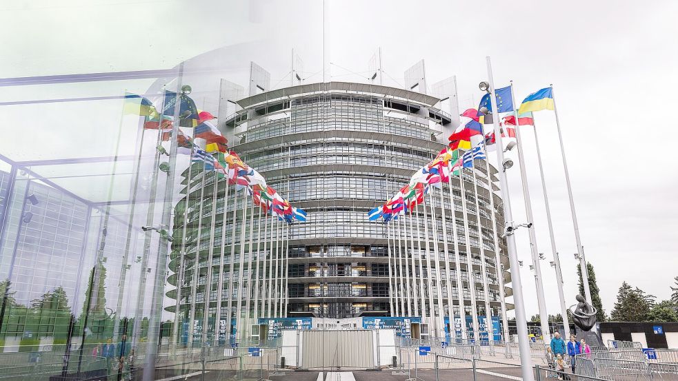 Die Flaggen der Europäischen Union, ihrer Mitgliedsstaaten sowie der Ukraine wehen vor dem Gebäudes des Europäischen Parlaments. Foto: DPA