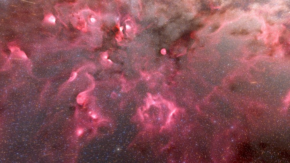 Eine Animation der Esa zeigt einen Ausschnitt aus der 3D-Karte zu Regionen unserer Milchstraße, in denen neue Sterne entstehen. Foto: -/ESA/Gaia/DPAC, S. Payne-Warden