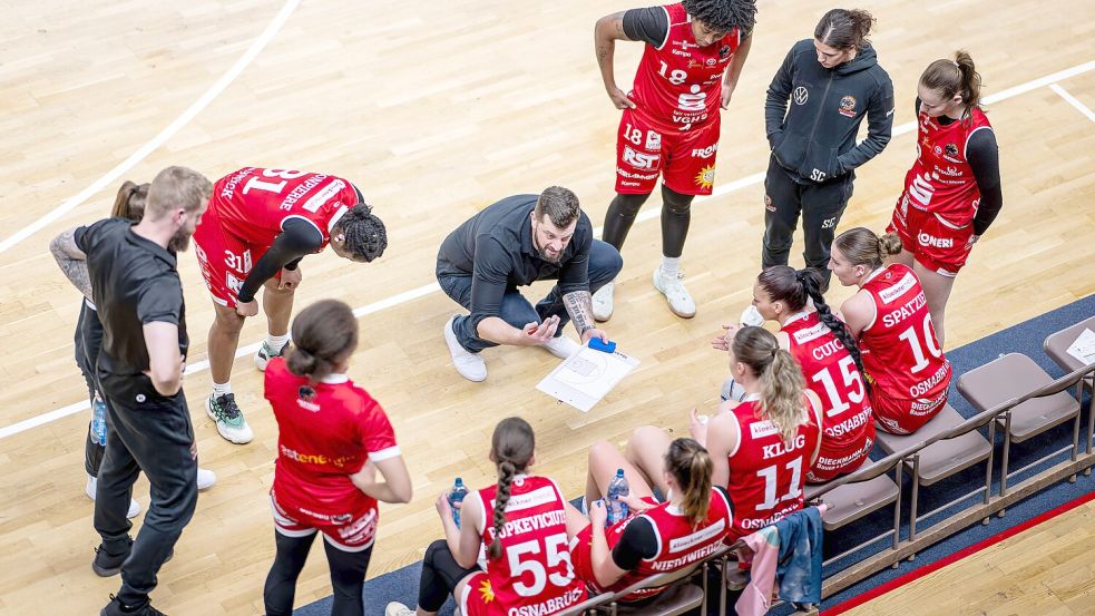 Sasa Cuic (Mitte), Trainer der Girolive-Panthers: Wie gut vorbereitet sieht er sein Team zehn Tage vor Start der DBBL? Foto: IMAGO/Tilo Wiedensohler