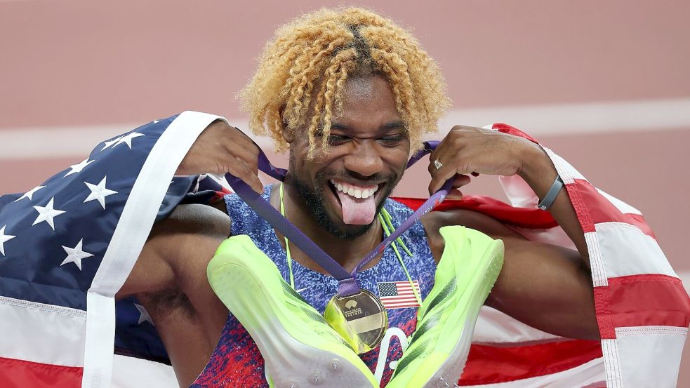 Jubelt nach großer Show über Gold: Noah Lyles. Foto: Oliver Weiken/dpa