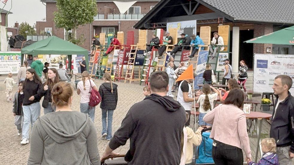 Beim Rundgang über den Fehntjer Markt kommen die Besucher auch bei den Pfahlsitzern vorbei. Das Bild entstand am Nachmittag und zeigt noch sieben Teilnehmer. Mittlerweile sind es nur noch sechs Mitbewerber. Foto: Carsten Ammermann