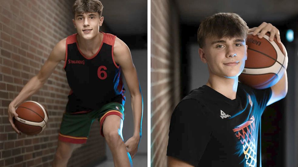 Malik (li.) und Leon Herges aus Osnabrück spielen in der Nachwuchs-Basketball-Bundesliga und möchten wie ein bekanntes, deutsches Brüderpaar hoch hinaus – im besten Fall bis in die NBA. Foto: NOZ-Collage/Tina Rohlfs