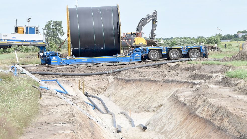 An zahlreichen Orten in Ostfriesland werden auch derzeit wieder Stromkabel für die Anbindung neuer Windparks verlegt, so wie hier 2021 im Brookmerland. Foto: Thomas Dirks