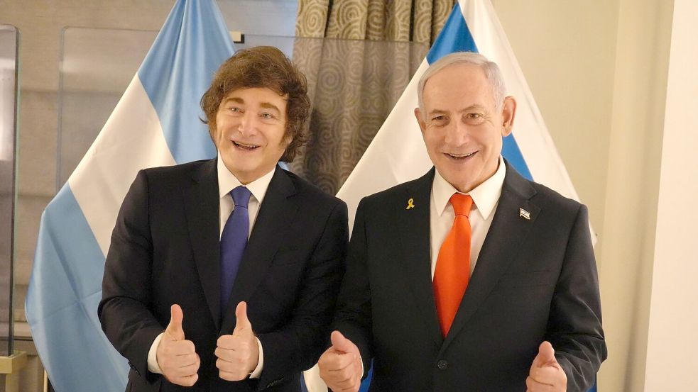 Vor seiner Rede im UN-Plenum trifft Israels Regierungschef Netanjahu mit dem argentinischen Präsidenten Milei einen engen Verbündeten. Foto: Uncredited/Präsidialamt Argentin