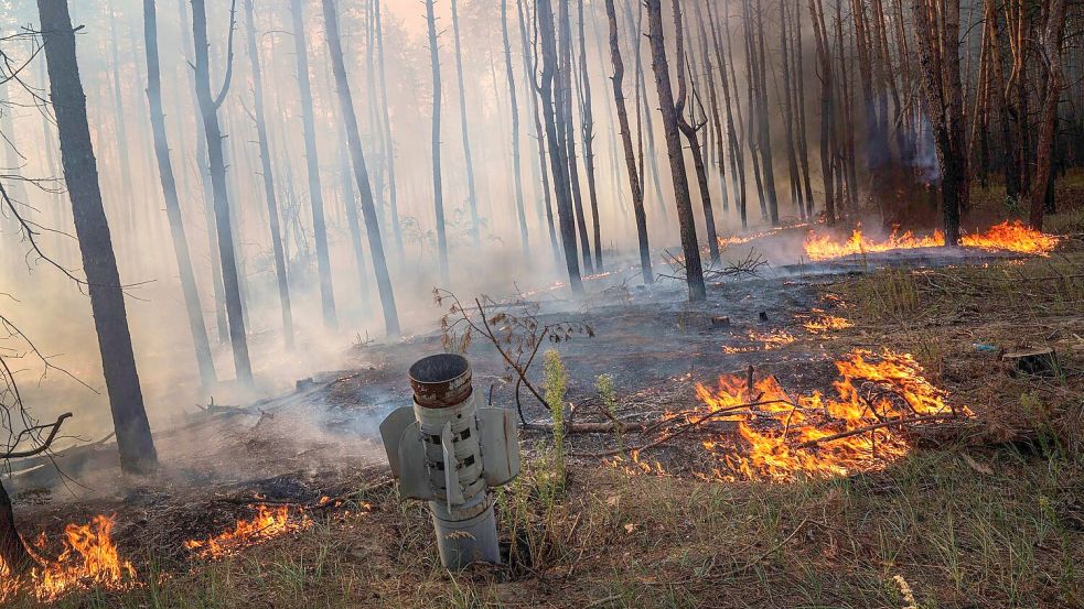 Waldbrände in der Ukraine, die viel Treibhausgase freisetzen, werden oft durch Gefechte ausgelöst. (Archivbild) Foto: Evgeniy Maloletka/AP/dpa
