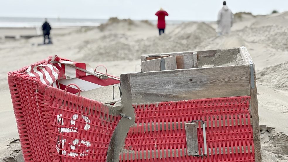 Auch diesen Strandkorb am Südstrand hat Sturmtief „Detlef“ umgehauen. Foto: Florian Ferber