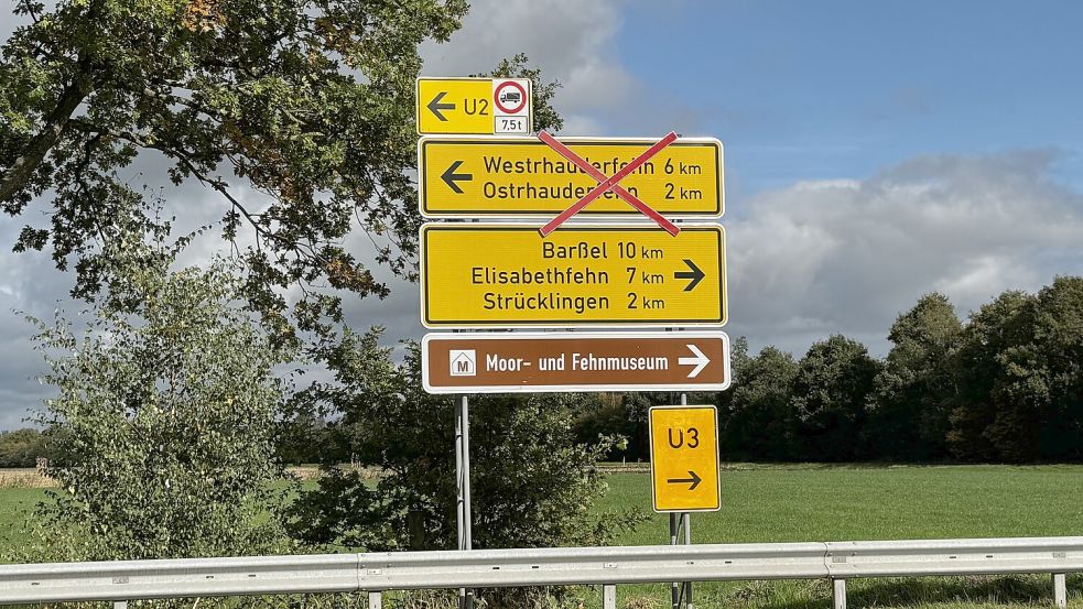 Das Ortsschild mit der ausgeschilderten Sperrung an der Abfahrt Ostrhauderfehn, der B72. Foto: Madita Janßen