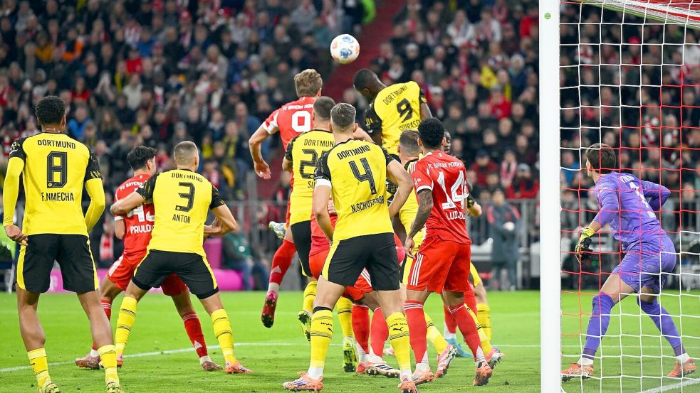 Harry Kane (hinten, Mitte l) brachte den FC Bayern früh in Führung. Foto: Sven Hoppe