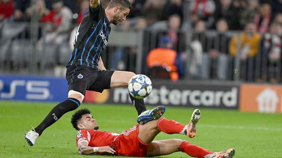 Torschütze Luis Díaz im rasanten Bodeneinsatz gegen Brügges Brandon Mechele. Foto: Sven Hoppe
