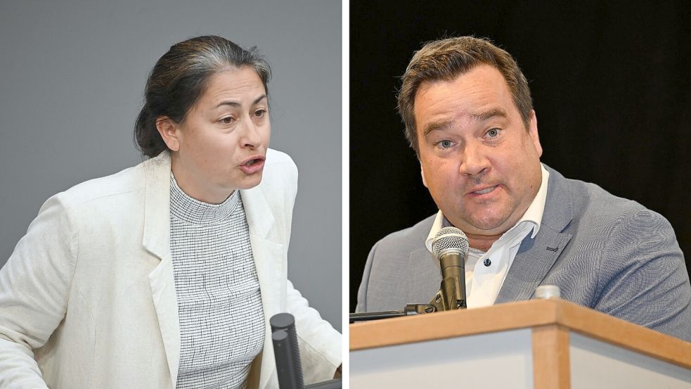 Filiz Polat (Grüne) und Lutz Brinkmann (CDU) stehen beim Livestream-Streitgespräch zur A33-Nord am Montag für gegensätzliche Positionen: Umwelt- gegen Verkehrsinteressen. Foto: dpa/Katharina Kausche/ Rolf Kamper / Fotomontage: Fays