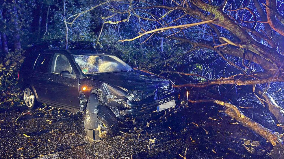 Der 19 Jahre alte Fahrer aus Papenburg fuhr am Sonntagmorgen gegen 5.20 Uhr in den umgestürzten Baum, der die gesamte Gronewoldstraße blockierte. Foto: Feuerwehr Klostermoor