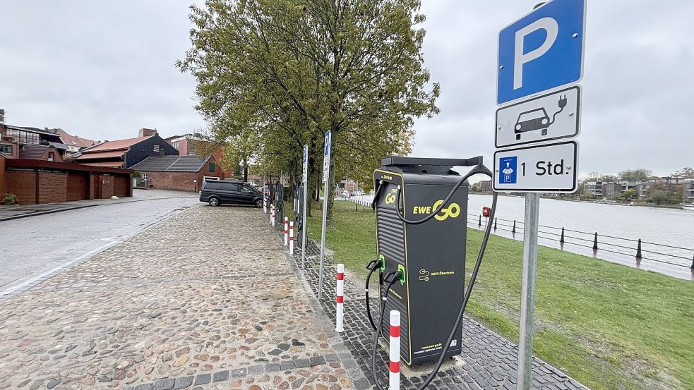 Am Kupenwarf neben der Nessebrücke in Leer wurden neue Ladestationen für E-Autos aufgebaut. Foto: Jonas Bothe