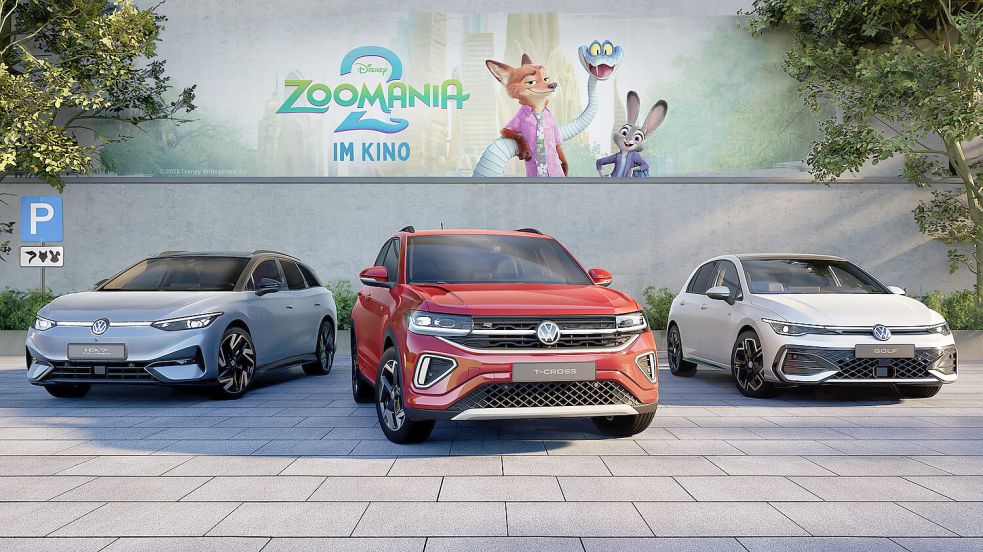 Produktplatzierung in Walt Disneys international laufendem Kinofilm „Zoomania 2“: links der ID.7 Tourer aus Emden. Foto: Disney Enterprises, Inc.