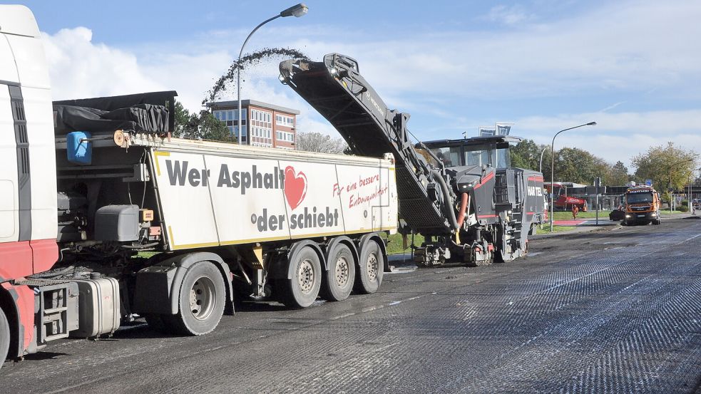 Seit Montag ist die Deichstraße in Leer für die Asphaltarbeiten voll gesperrt. An der Deichstraße liegt auch das Straßenverkehrsamt. Foto: Bodo Wolters