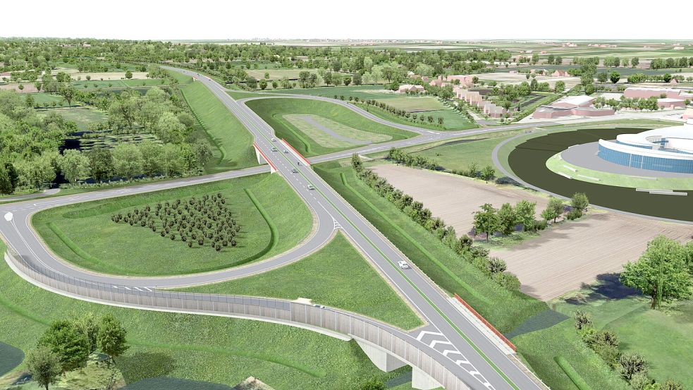So soll der Anschluss der geplanten Umgehungsstraße an die Dornumer Straße am EEZ in Sandhorst aussehen. Grafik: Landesstraßenbaubehörde Aurich